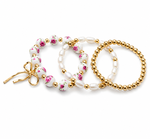 Ceramic Ball with Flower, Pearl, CCB Elastic Bracelet Set