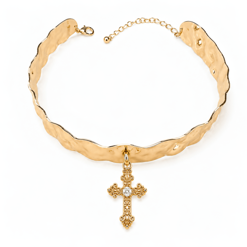 Round Metal Chocker with Cross Pendant