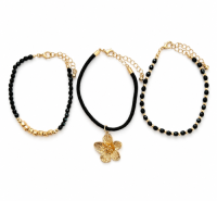 Black Bead, CCB, Strap with Flower Pendant Bracelet Set