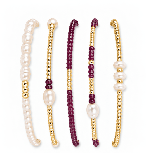 Pearl, CCB, Burgundy color Stone Elastic Bracelet