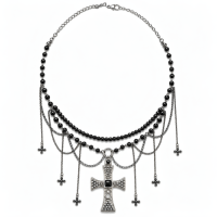 Choker with Black Bead, Chain & Crosses Pendants