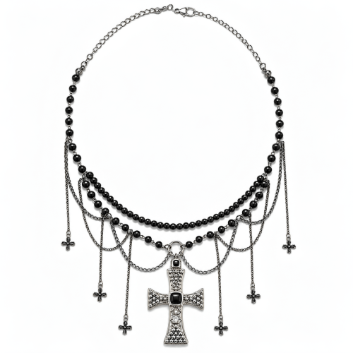 Choker with Black Bead, Chain & Crosses Pendants