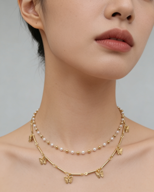 BUTTERFLY,PEARL,CCB BALL NECKLACE