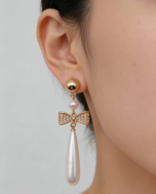 RIBBON EARRINGS WITH TEARDROP PEARL
