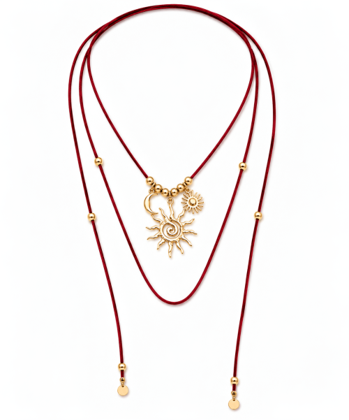 Cord Necklace with Moon, Sun Pendants