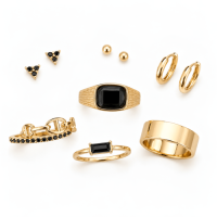 3 prs Earrings & 5pcs Ring Set with Black Stones
