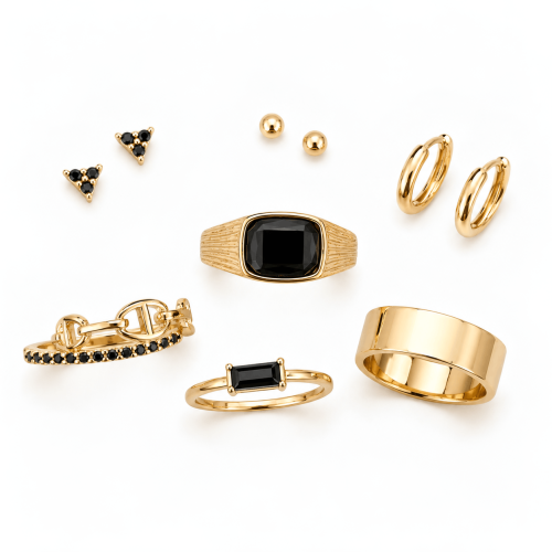 3 prs Earrings & 5pcs Ring Set with Black Stones