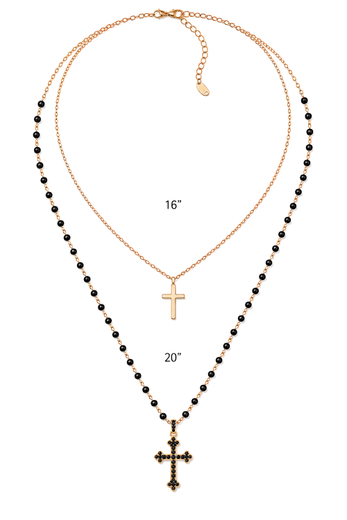 2 Layered Necklace with Crosses in Delicate Chain & Hand Made Bead Chain