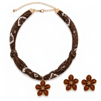 Fabric Necklace with Flower Pendant & Flower Earrings