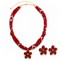 Fabric Necklace with Flower Pendant & Flower Earrings