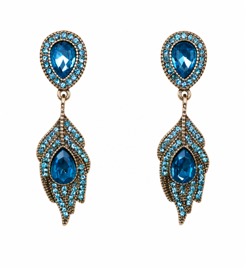 Feather Shaped Casting in Glass Stones Earrings
