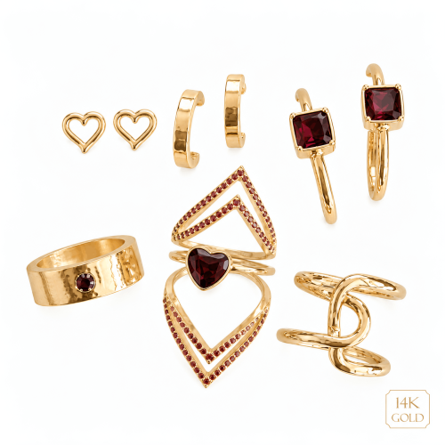Hoop, Heart Post & 3pcs Ring Set
