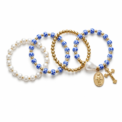 Pearl,CCB,Pottery Ball with Flower Print Elastic Bracelet