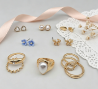 HEART,PEARL,FLOWER EARINGS+RINGS SET