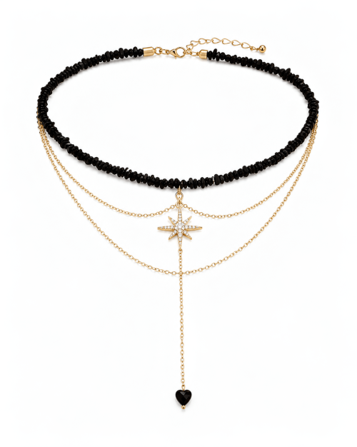 Black Bead & Chain with Drop Heart Bead