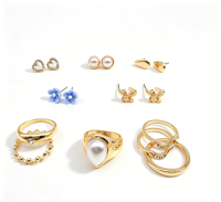HEART,PEARL,FLOWER EARINGS+RINGS SET